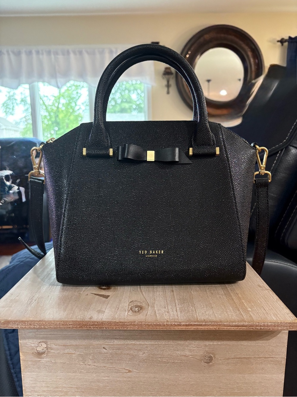 Ted Baker Black Textured Bow Dome Satchel with Gold Hardware